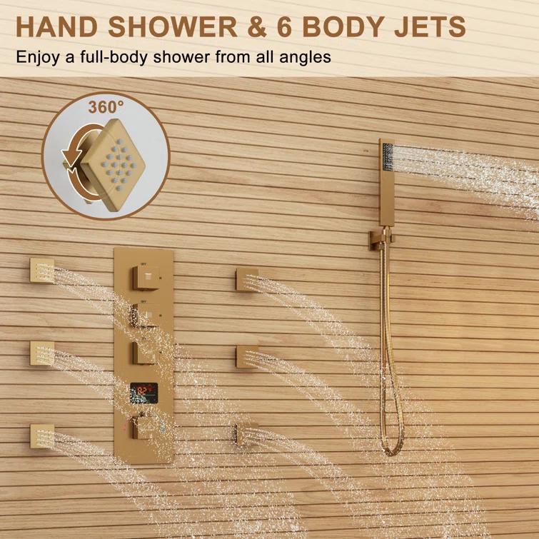 CASAINC KCHS0017-12BG 12 Inch Rainfall Thermostatic Shower System with Body Spray and Temperature Display