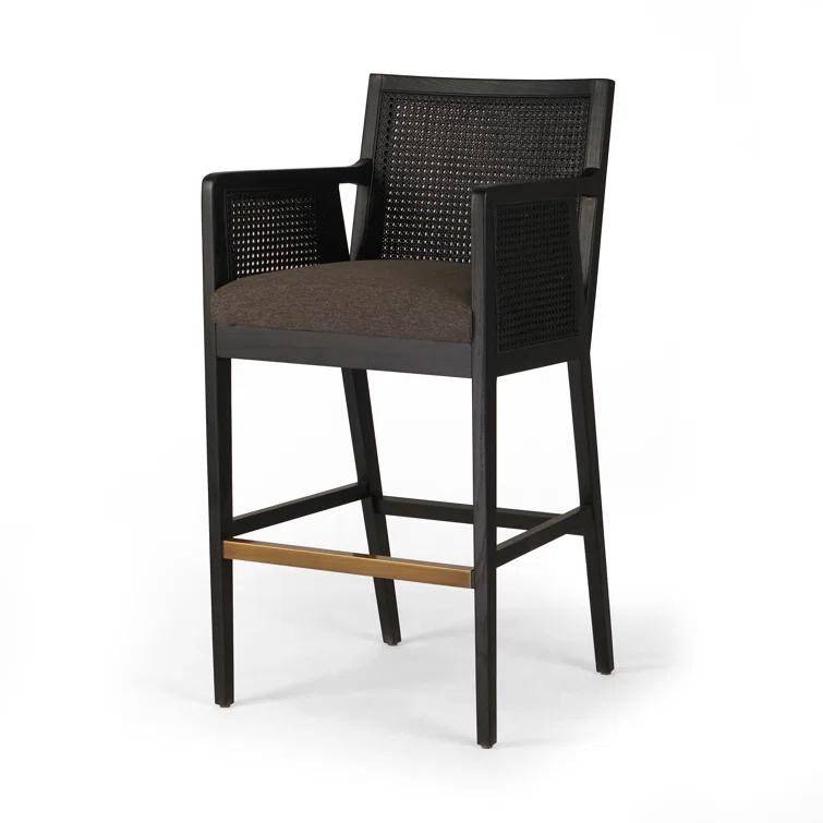 Toasted Parawood & Brass Swivel Bar Stool with Linen-Blend Seat