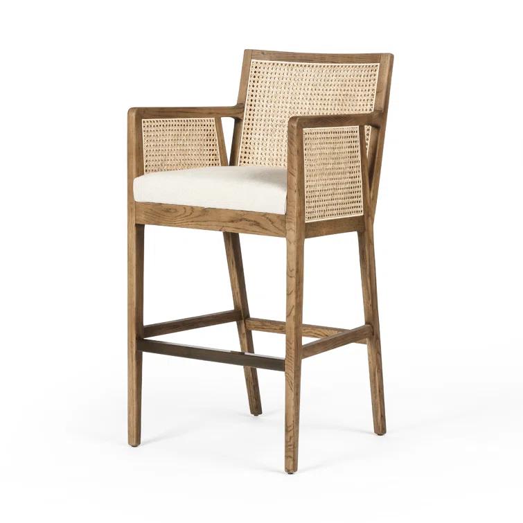 Toasted Parawood & Brass Swivel Bar Stool with Linen-Blend Seat