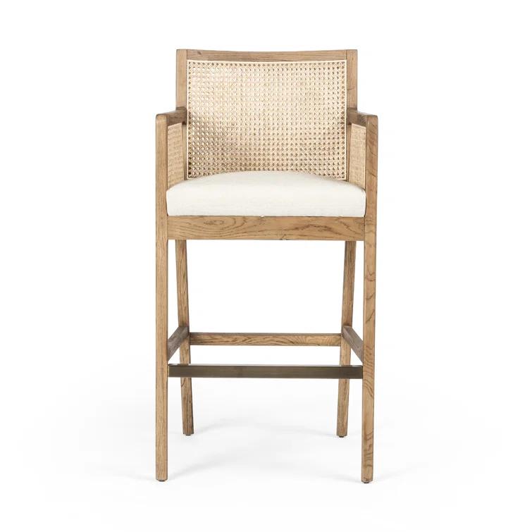 Toasted Parawood & Brass Swivel Bar Stool with Linen-Blend Seat