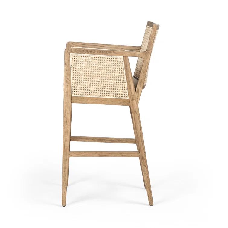 Toasted Parawood & Brass Swivel Bar Stool with Linen-Blend Seat