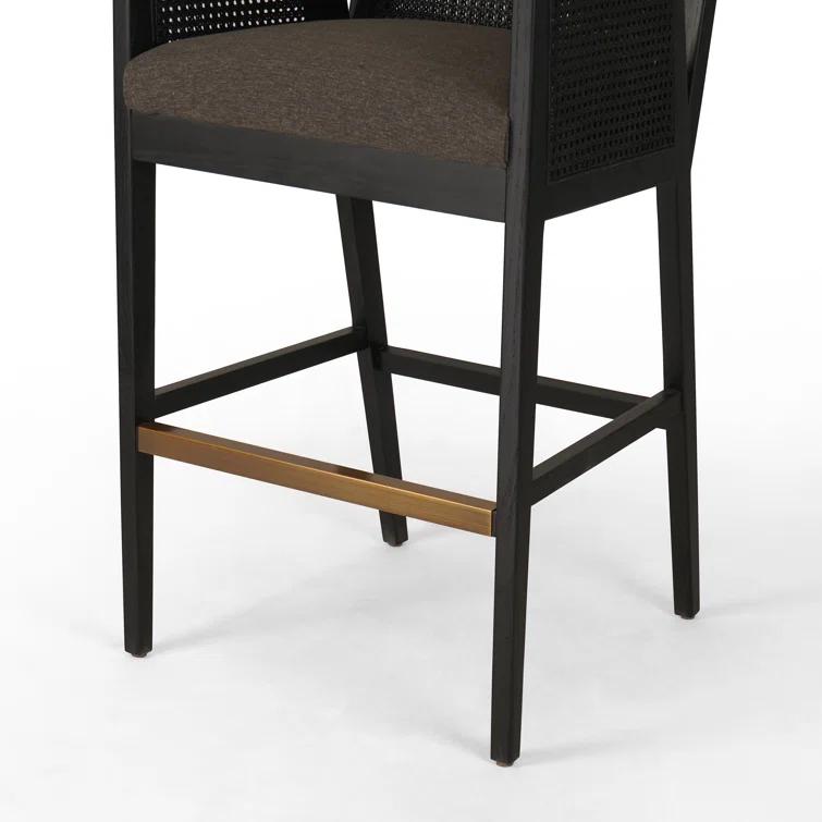 Toasted Parawood & Brass Swivel Bar Stool with Linen-Blend Seat