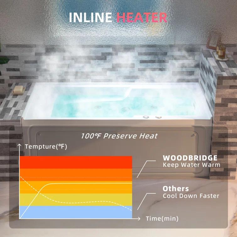 60" x 30" Whirlpool Heated Rectangular Alcove Acrylic Bathtub with Chrome/Matte Black Drain and Overflow