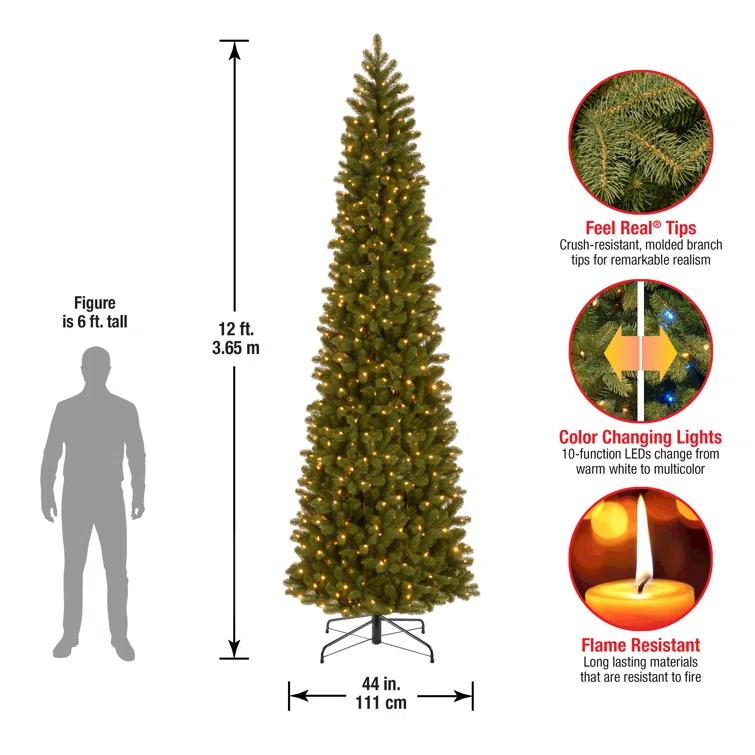 12' Prelit Pencil Slim Feel Real Downswept Douglas Fir Artificial Christmas Tree Dual Color Lights - National Tree Company