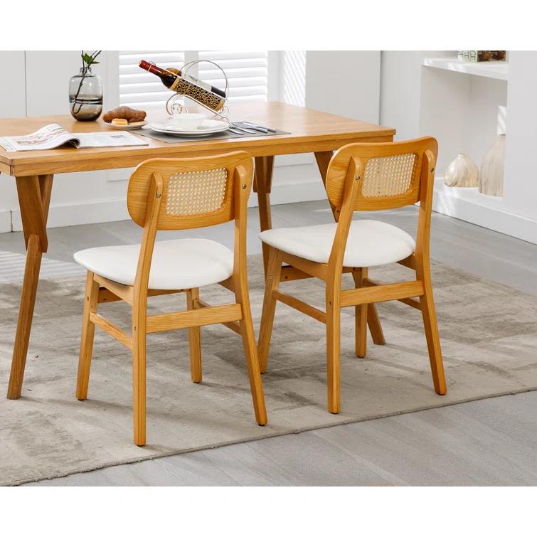 Upholstered Faux Leather Seat Rattan Back Dining Chair, Solid Wood Frame Side Chair For Living Room