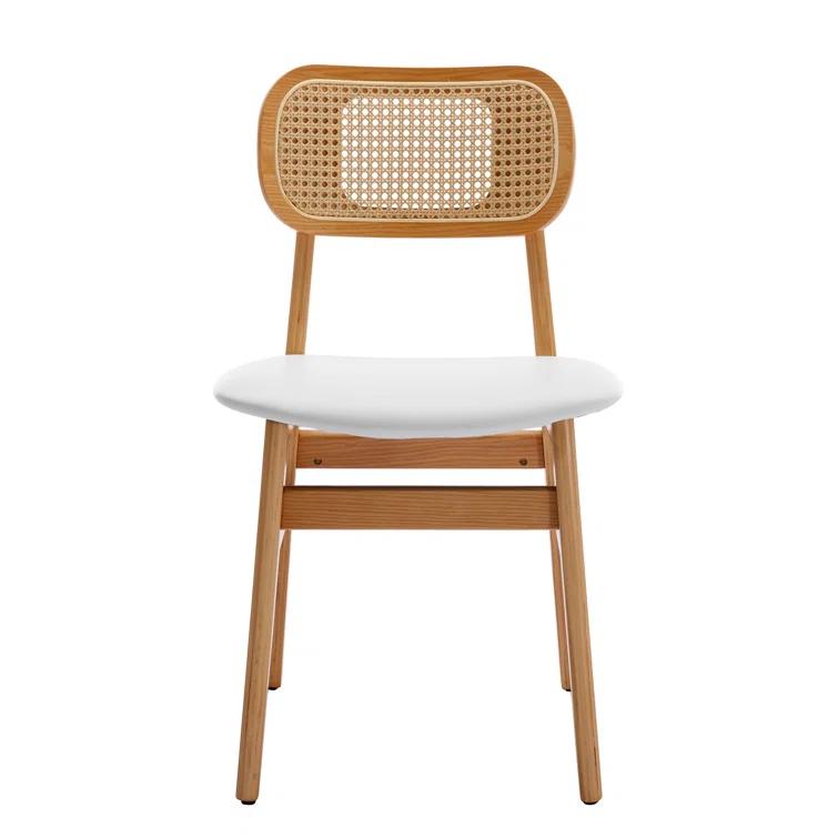 Upholstered Faux Leather Seat Rattan Back Dining Chair, Solid Wood Frame Side Chair For Living Room
