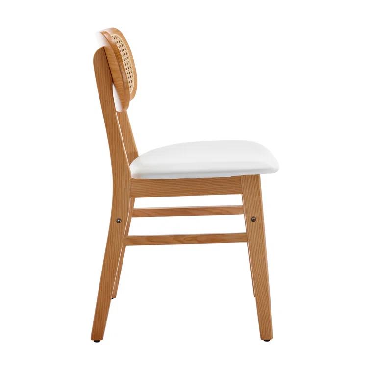 Upholstered Faux Leather Seat Rattan Back Dining Chair, Solid Wood Frame Side Chair For Living Room
