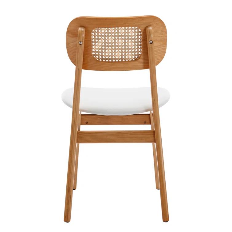Upholstered Faux Leather Seat Rattan Back Dining Chair, Solid Wood Frame Side Chair For Living Room