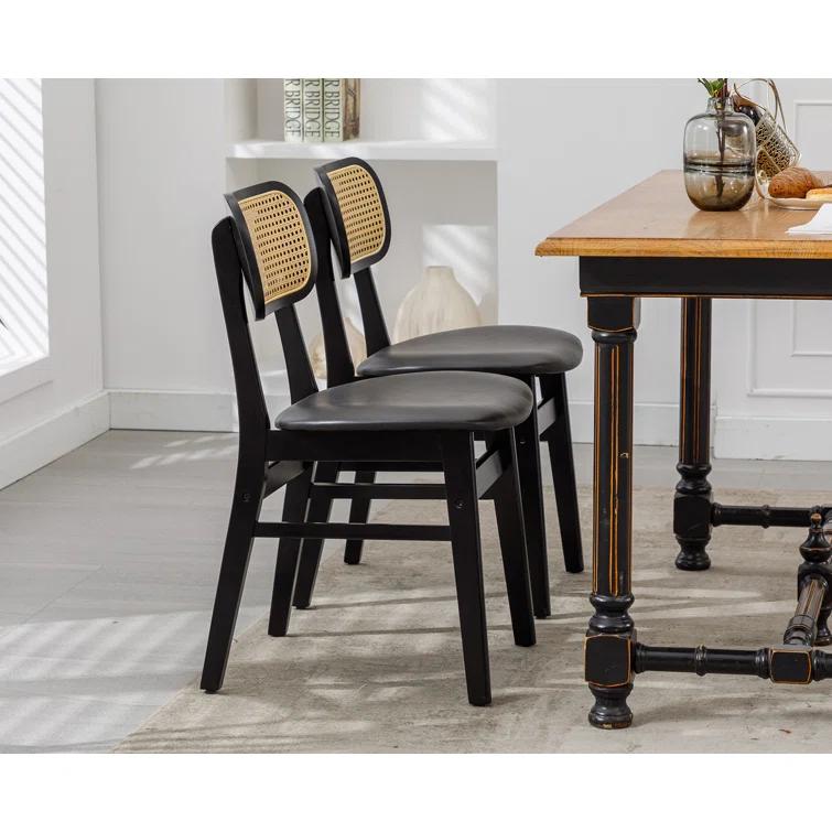 Upholstered Faux Leather Seat Rattan Back Dining Chair, Solid Wood Frame Side Chair For Living Room