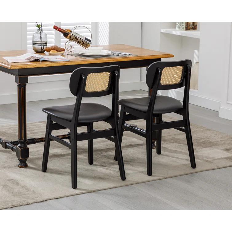 Upholstered Faux Leather Seat Rattan Back Dining Chair, Solid Wood Frame Side Chair For Living Room