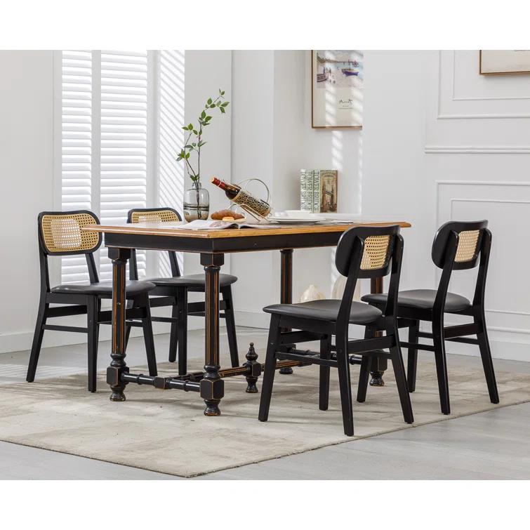 Upholstered Faux Leather Seat Rattan Back Dining Chair, Solid Wood Frame Side Chair For Living Room