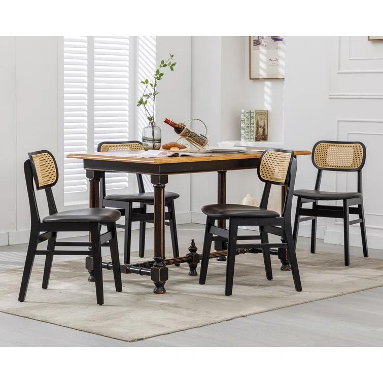 Upholstered Faux Leather Seat Rattan Back Dining Chair, Solid Wood Frame Side Chair For Living Room