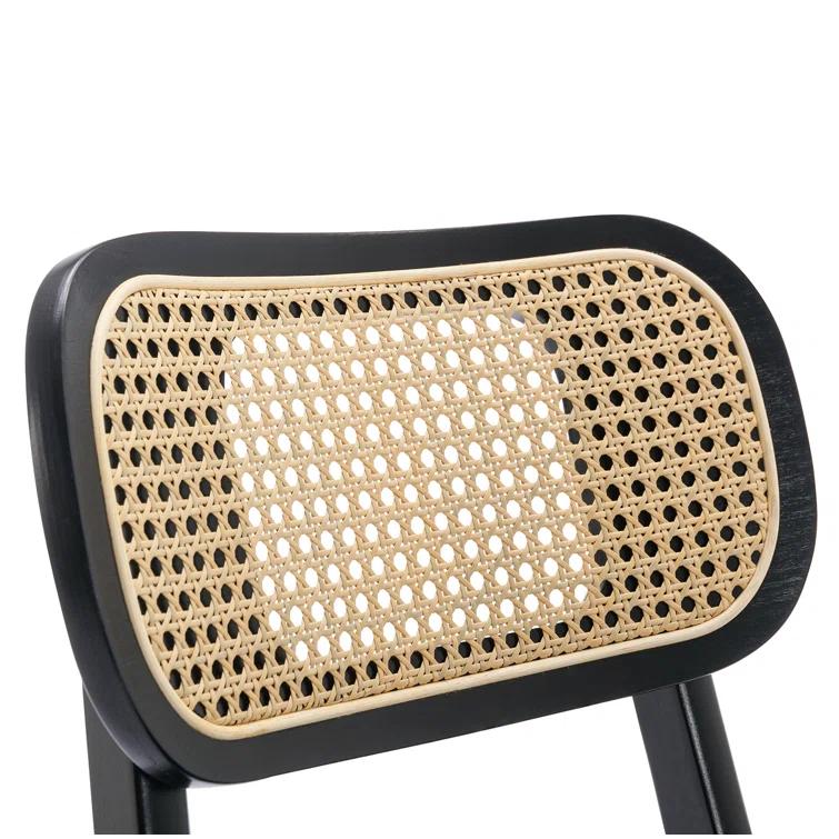 Upholstered Faux Leather Seat Rattan Back Dining Chair, Solid Wood Frame Side Chair For Living Room