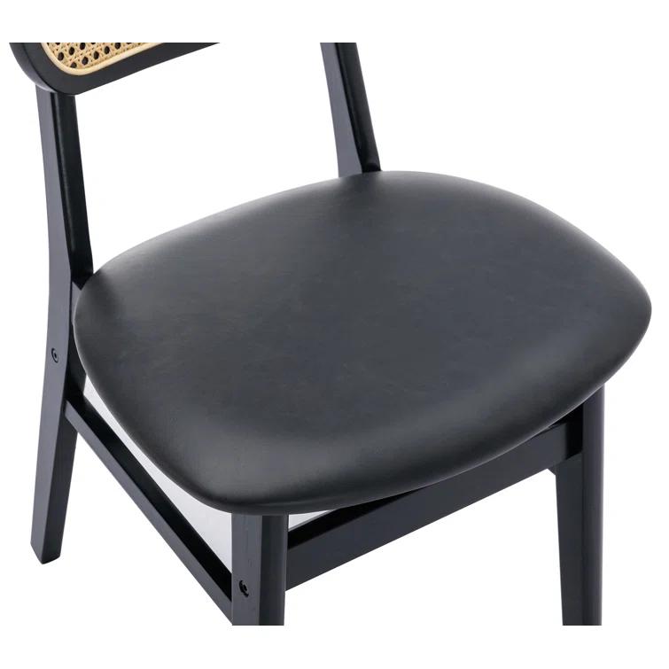 Upholstered Faux Leather Seat Rattan Back Dining Chair, Solid Wood Frame Side Chair For Living Room