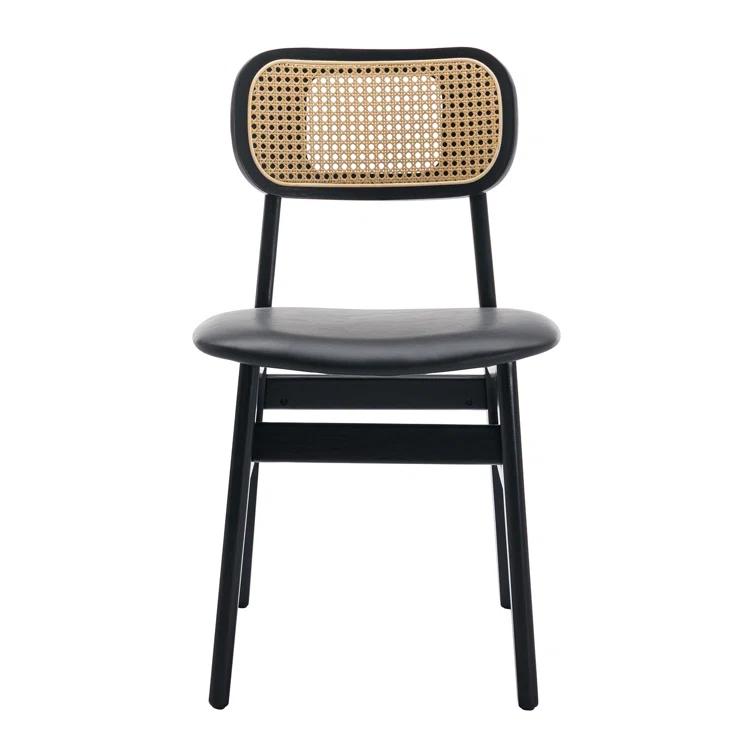 Upholstered Faux Leather Seat Rattan Back Dining Chair, Solid Wood Frame Side Chair For Living Room