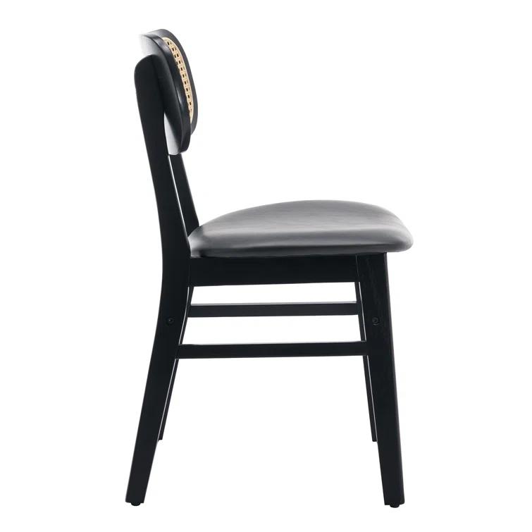 Upholstered Faux Leather Seat Rattan Back Dining Chair, Solid Wood Frame Side Chair For Living Room