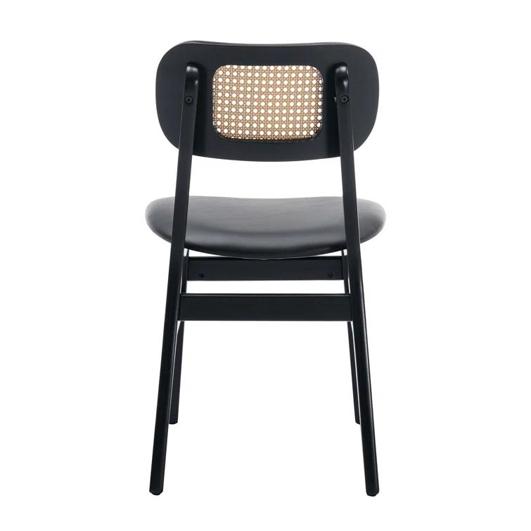 Upholstered Faux Leather Seat Rattan Back Dining Chair, Solid Wood Frame Side Chair For Living Room