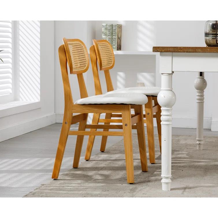 Upholstered Faux Leather Seat Rattan Back Dining Chair, Solid Wood Frame Side Chair For Living Room