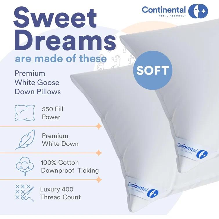 ContinentalBedding Continental Bedding Soft Down Pillows, 2-Pack, 550FP, 75% Down 25% Feather, 400TC 100% Cotton Cover (Set of 2)