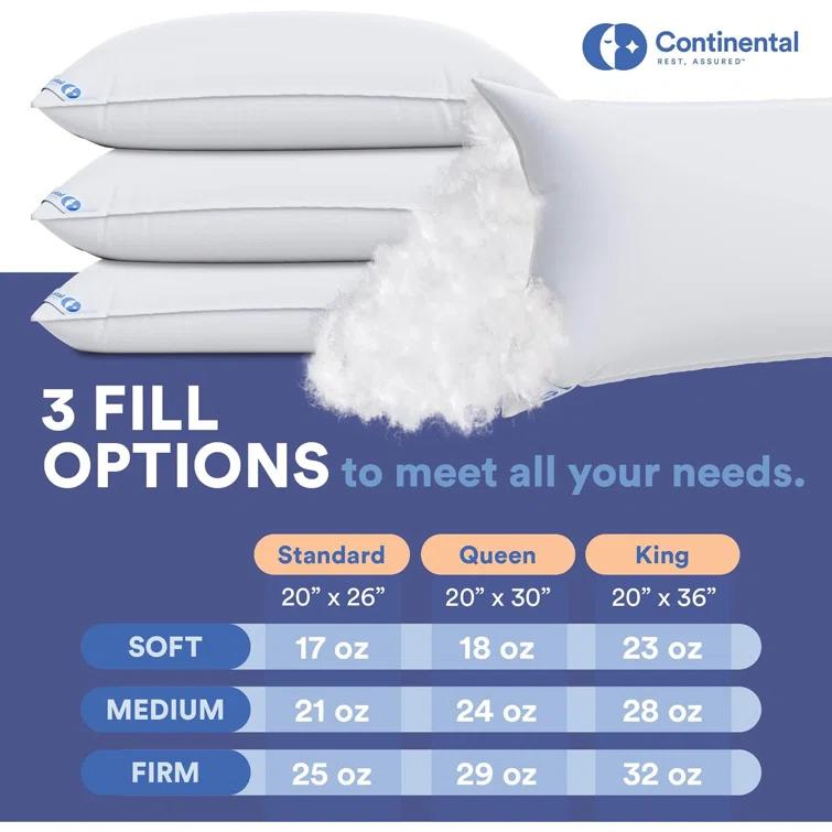 ContinentalBedding Continental Bedding Soft Down Pillows, 2-Pack, 550FP, 75% Down 25% Feather, 400TC 100% Cotton Cover (Set of 2)