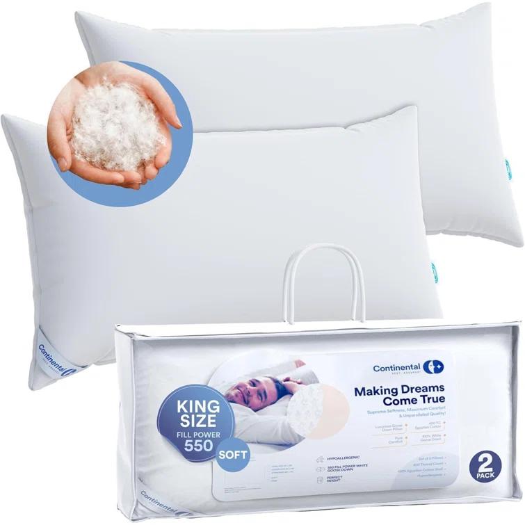ContinentalBedding Continental Bedding Soft Down Pillows, 2-Pack, 550FP, 75% Down 25% Feather, 400TC 100% Cotton Cover (Set of 2)