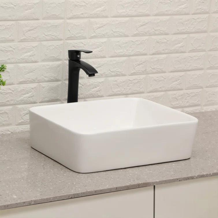 Myhomekeepers 15'' White Ceramic Rectangular Bathroom Sink with Faucet