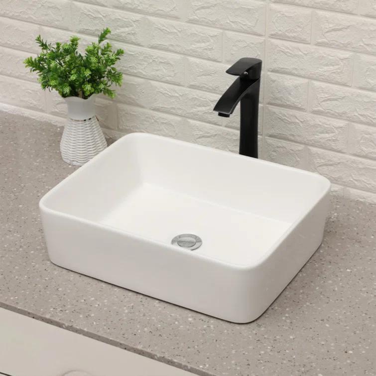 Myhomekeepers 15'' White Ceramic Rectangular Bathroom Sink with Faucet