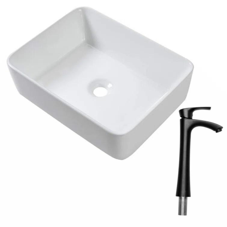 Myhomekeepers 15'' White Ceramic Rectangular Bathroom Sink with Faucet