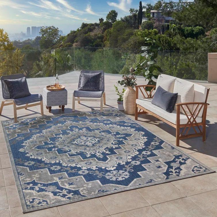 Gertmenian Fosel Arasi Blue/Gray Transitional Mandala Style Flatweave Indoor/Outdoor Area Rug