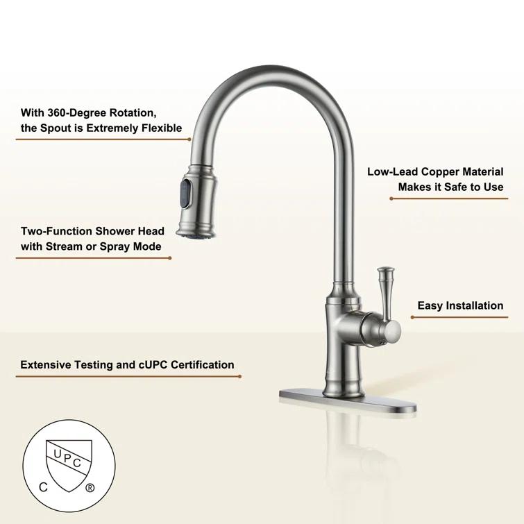 CASAINC 1.8 GPM Single-Handle Pull-Down Kitchen Faucet Single Hole Faucet