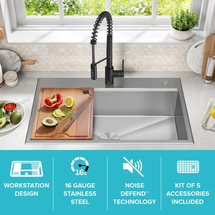 KRAUS Kore Drop-In Workstation 16 Gauge Stainless Steel Single Bowl Kitchen Sink with Accessories