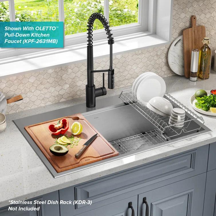 KRAUS Kore Drop-In Workstation 16 Gauge Stainless Steel Single Bowl Kitchen Sink with Accessories