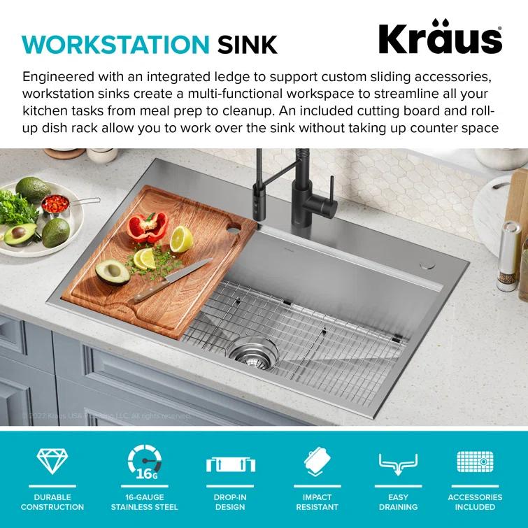 KRAUS Kore Drop-In Workstation 16 Gauge Stainless Steel Single Bowl Kitchen Sink with Accessories