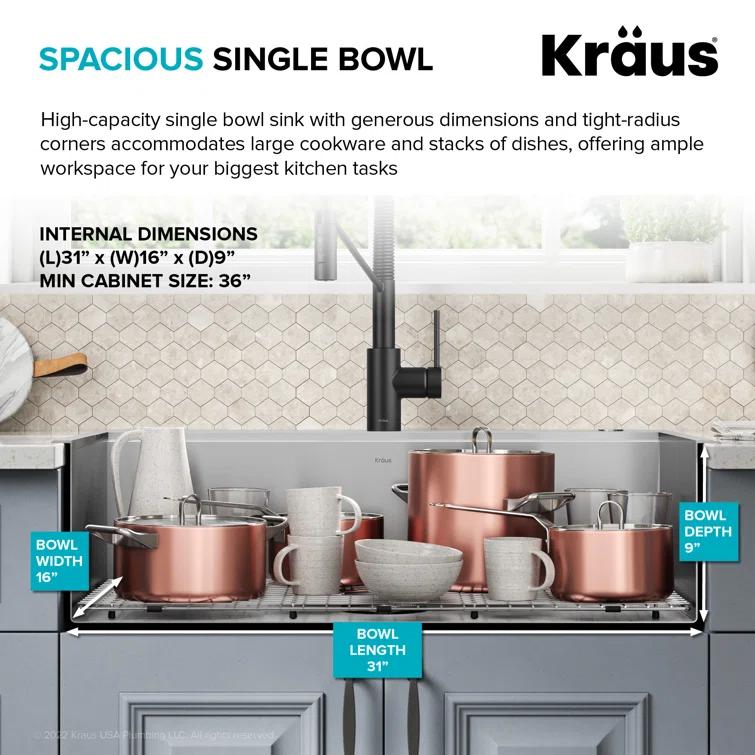 KRAUS Kore Drop-In Workstation 16 Gauge Stainless Steel Single Bowl Kitchen Sink with Accessories