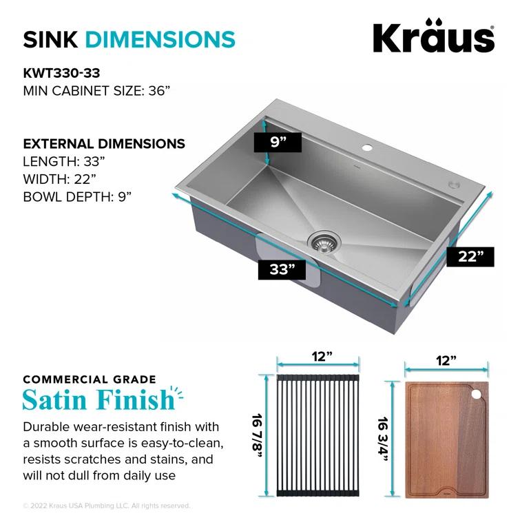 KRAUS Kore Drop-In Workstation 16 Gauge Stainless Steel Single Bowl Kitchen Sink with Accessories