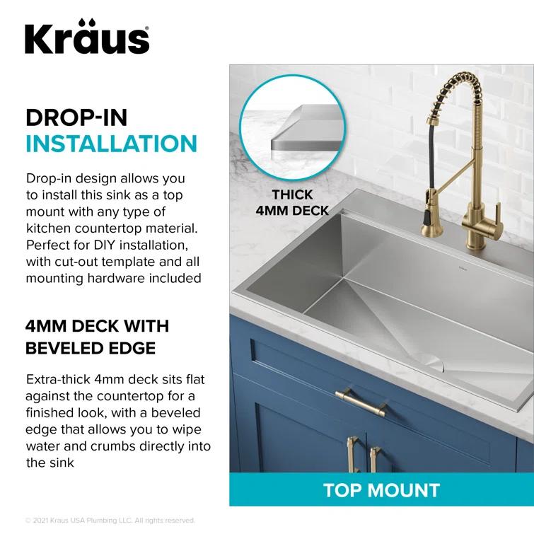 KRAUS Kore Drop-In Workstation 16 Gauge Stainless Steel Single Bowl Kitchen Sink with Accessories