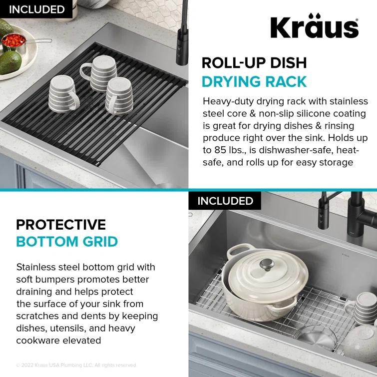 KRAUS Kore Drop-In Workstation 16 Gauge Stainless Steel Single Bowl Kitchen Sink with Accessories