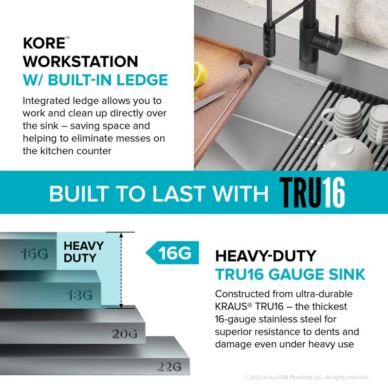KRAUS Kore Drop-In Workstation 16 Gauge Stainless Steel Single Bowl Kitchen Sink with Accessories