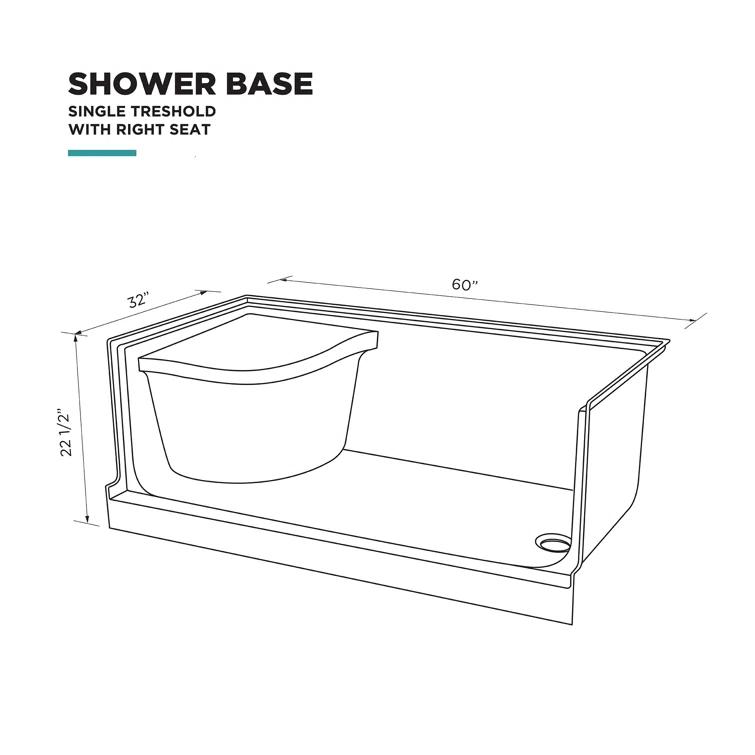 60" W x 32" D Single Threshold Shower Base with Seat