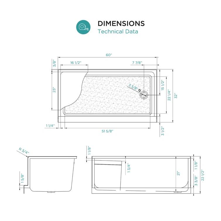 60" W x 32" D Single Threshold Shower Base with Seat