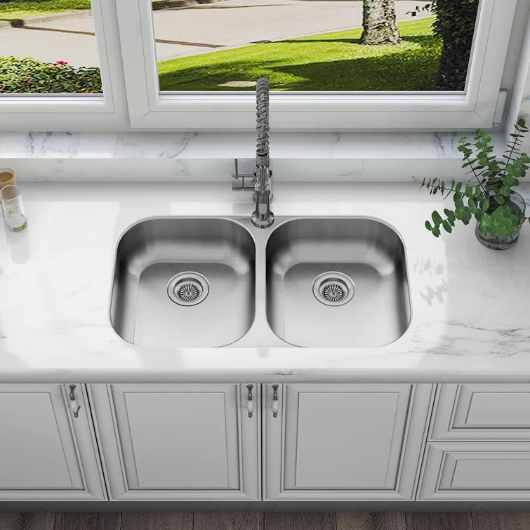 Sinber 32" x 18" Undermount Double Bowl Kitchen Sink with 18 Gauge 304 Stainless Steel Satin Finish