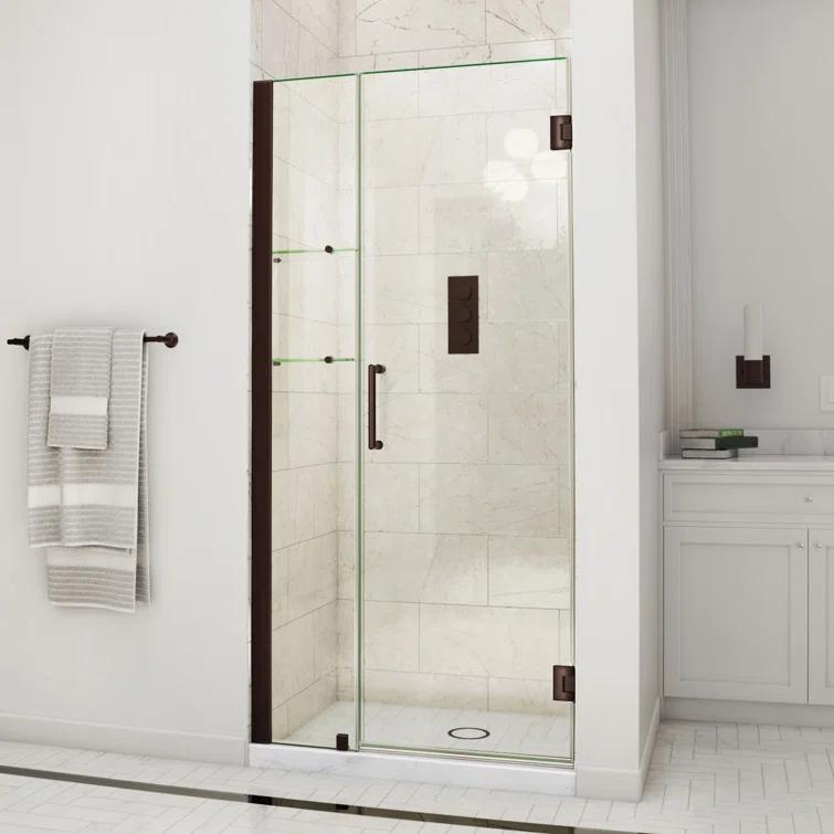 Unidoor Frameless Hinged Shower Door with Glass Shelves
