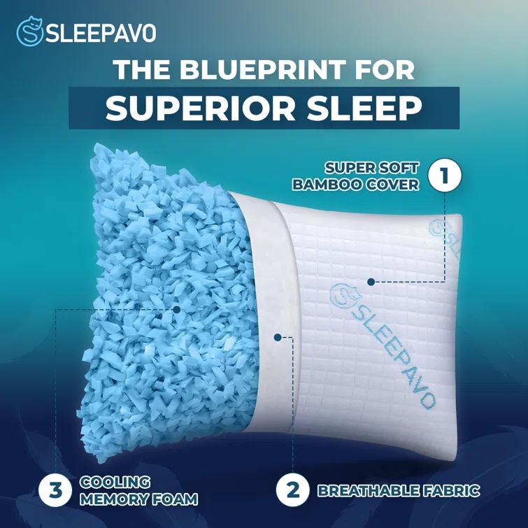 Queen Size Shredded Memory Foam Bed Pillows -  2 Pack Extra Firm Pillows (Set of 2)