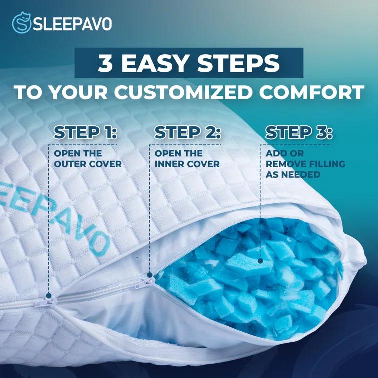 Queen Size Shredded Memory Foam Bed Pillows -  2 Pack Extra Firm Pillows (Set of 2)