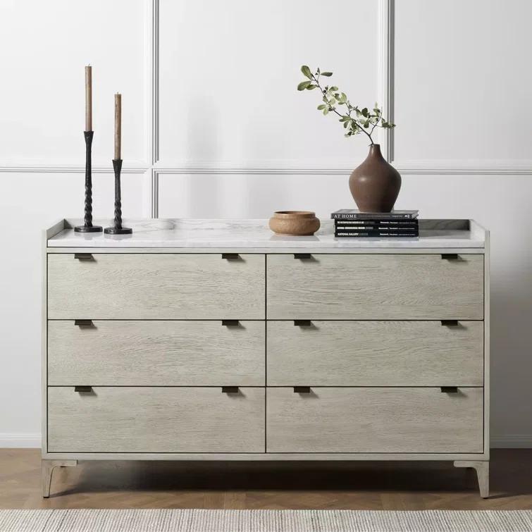 Elegant Vintage White Oak and Italian Marble 6-Drawer Dresser