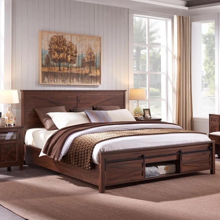 Argana Farmhouse Wood Bed Frame with Headboard and Sliding Barn Door Storage Cabinets