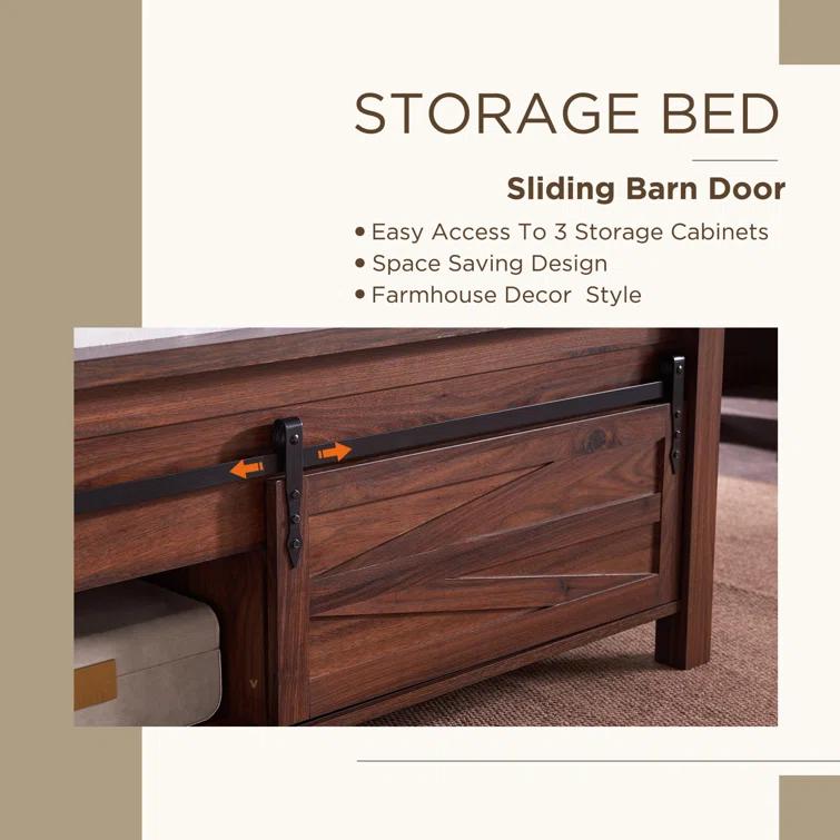 Argana Farmhouse Wood Bed Frame with Headboard and Sliding Barn Door Storage Cabinets