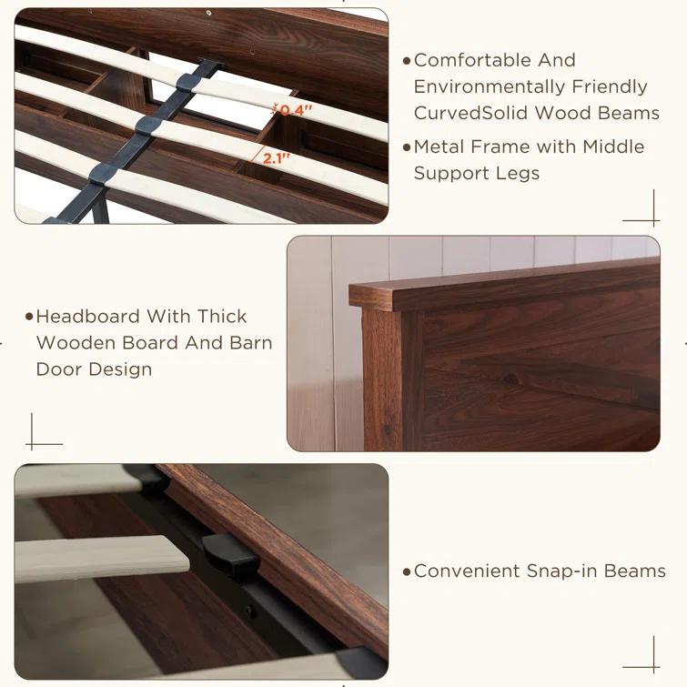 Argana Farmhouse Wood Bed Frame with Headboard and Sliding Barn Door Storage Cabinets