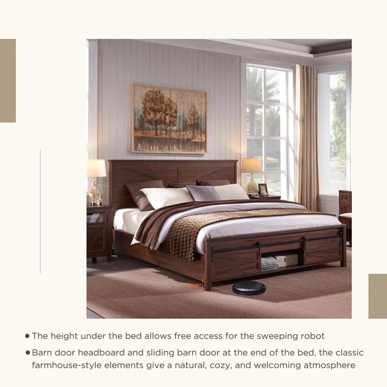 Argana Farmhouse Wood Bed Frame with Headboard and Sliding Barn Door Storage Cabinets