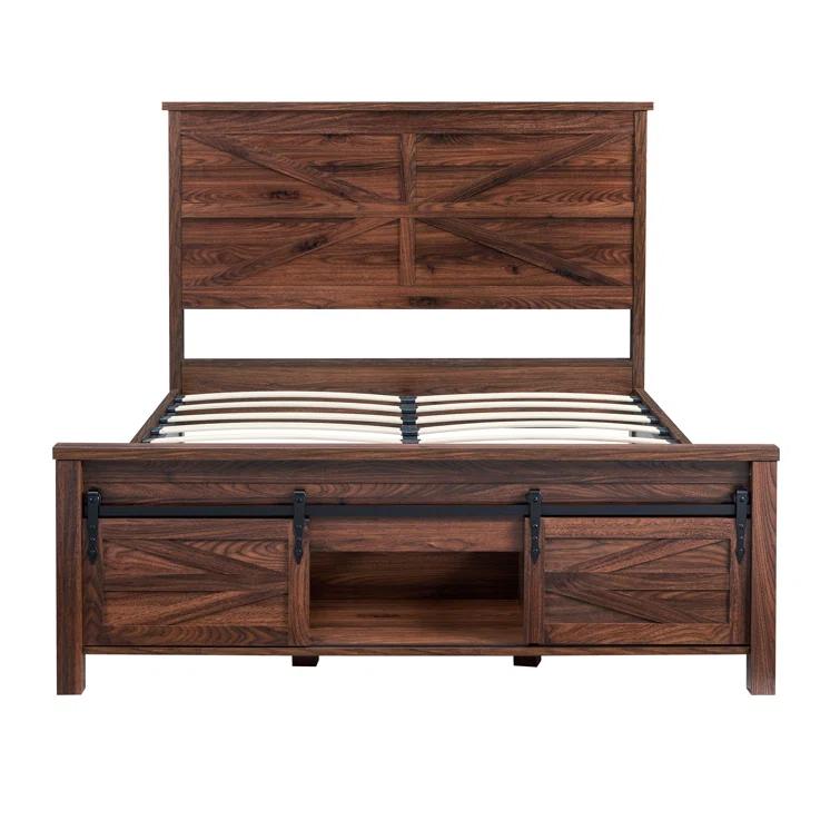 Argana Farmhouse Wood Bed Frame with Headboard and Sliding Barn Door Storage Cabinets